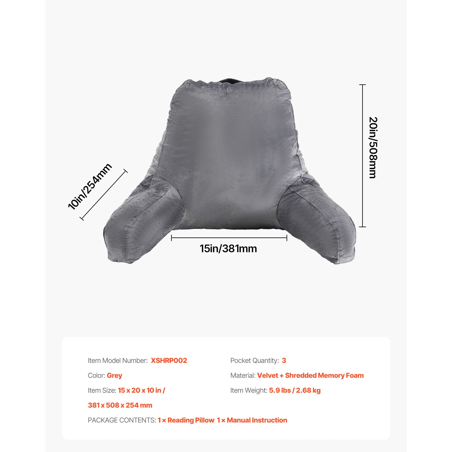Grey Reading Pillow With Memory Foam, Back Support And Pockets_voghion.com